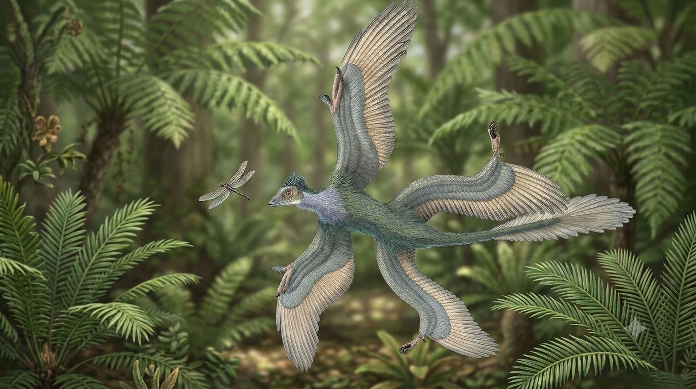 Microraptor (Microraptor zhaoianus) rekonstrukciós illusztráció
